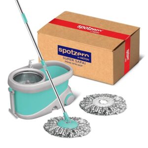 Spotzero by Milton Prime Stainless Steel Wringer Spin Mop with Big Wheel, Puller Handle, Bucket Floor Cleaning and Mopping System 360? Flexible,2 Microfiber Refills, Big Size, Aqua Green