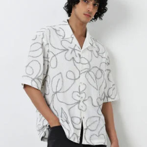 White Botanical Design Relaxed-Fit Cotton Shirt