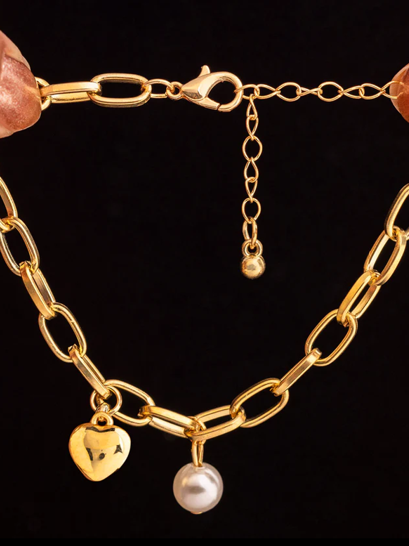 Pearl & Heart Charm Chain Bracelet - Image 2