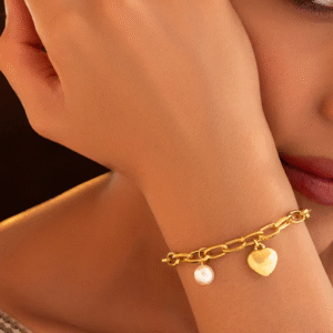 Pearl & Heart Charm Chain Bracelet